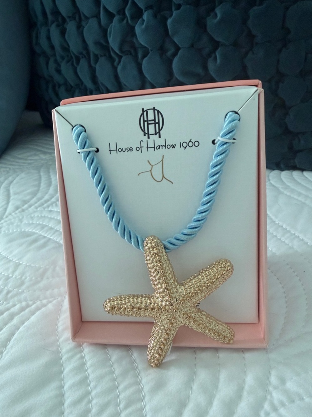 House of Harlow 1960 Gold Starfish Necklace with Light Blue Rope